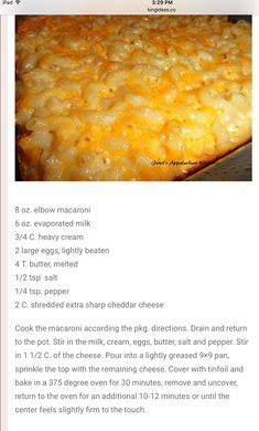 the recipe for macaroni and cheese casserole is shown