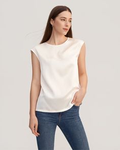 Basic Casual Sleeveless Silk Tee With OEKO Certification Silk Benefits, Silk Tee, Silk T Shirt, Knitted Coat, Basic Shirts, Womens Basic, Tees For Women, Autumn Fashion Women, Silk Shirt