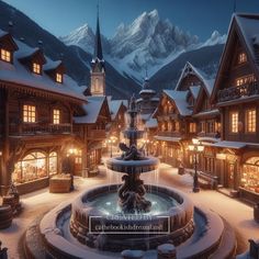 a snow covered town with a fountain in the middle