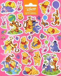 the winnie the pooh sticker sheet is shown in pink and has many different characters