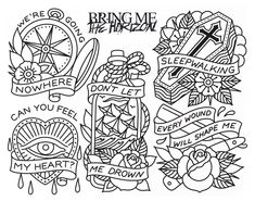 a coloring page with words and symbols on it