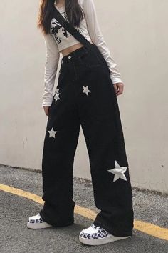 Retro Stars Pattern Black Jeans Pants – Tomscloth Black Jeans Pants, Retro Stars, Stars Pattern, Patterned Jeans, Cute Pants, Tomboy Outfits, Gothic Outfits, Baby Outfits, Really Cute Outfits