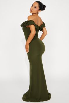 Available In Olive And Wine. Maxi Gown Off Shoulder Ruffle Trim Padded Bra Cups Hidden Back Zipper Lined Slight Stretch Self: 97% Polyester 3% Spandex Lining: 100% Polyester Imported | Daisy Off Shoulder Maxi Dress in Olive Green size XS by Fashion Nova Gown Off Shoulder, Olive Fashion, Off Shoulder Maxi Dress, Maxi Gown, Maxi Gowns, Padded Bra, Padded Bras, Bra Cups, Matching Dresses