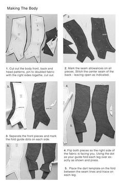 instructions for making the body from an old pair of jeans, with pictures showing how to cut