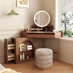 a dressing table with a mirror and stool