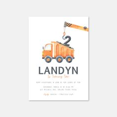 an orange dump truck birthday party card with the number 2 on it's back