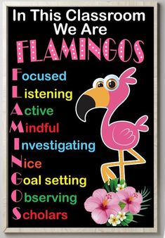 a poster with the words in this classroom we are flamingos and a pink bird