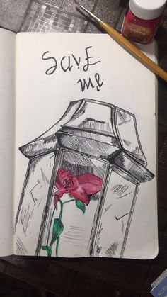 an open notebook with a drawing of a house and a rose in the window that says, save me