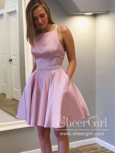 Crossed Straps Satin Short Party Dress Short Evening Dress Homecoming Dress ARD2827-SheerGirl Short Evening Dress, Short Satin Dress, School Dance Dresses, Cute Homecoming Dresses, Mini Homecoming Dresses, Satin Homecoming Dress, Prom Dresses With Pockets, Pink Homecoming Dress, Short Party Dress