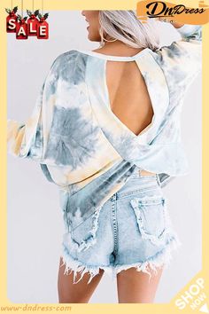 Tie Dye Backless Hoodie Stretch Long Sleeve Summer Hoodie, Stretch Long Sleeve Hoodie For Summer, Summer Long Sleeve Stretch Hoodie, Long Sleeve Sweatshirt For Spring Day Out, Trendy Spring Sweatshirt For Day Out, Spring Long Sleeve Sweatshirt For Day Out, Hooded Spring Loungewear Top, Chic Stretch Sweatshirt For Spring, Backless Hoodie