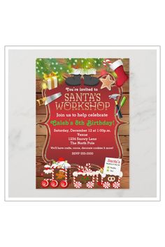 the santa's workshop christmas party is coming up and there are some decorations on it