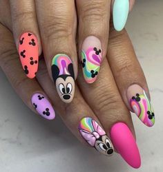 Bold colourful mickey mouse nails Disney Abstract Nails, Nails Miki Mouse, Disney Easter Nails, Neon Disney Nails, Minnie Nails Designs, Minnie Mouse Nail Designs, Disney Themed Nails Acrylic, Mickey Nail Art, Pixar Nails