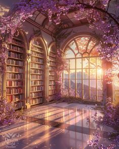 an image of a beautiful room with bookshelves and flowers in the window sill