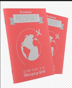 two red passport covers with an airplane flying over the globe on one side and another in the other