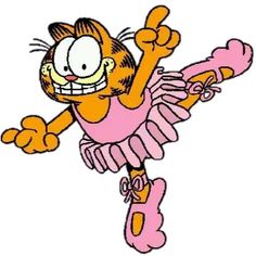 a cartoon cat in a pink dress doing a skateboard trick