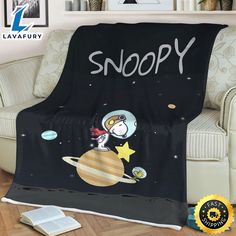 snoopy on the planet with stars and planets in the sky sherpad blanket