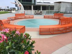 an empty swimming pool with benches around it and flowers in the foreground, on a sunny day