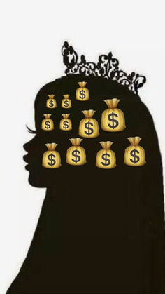 the silhouette of a woman with money bags on her head