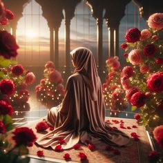 a woman sitting on top of a rug covered in roses next to a christmas tree