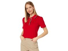 Tommy Hilfiger Short Sleeve Puff Sleeve Polo - Women's Clothing : Scarlet : Adorned with all the pretty details this Tommy Hilfiger Short Sleeve Puff Sleeve Polo shirt is perfect for lounging in the club. Pullover style. Classic polo collar and short puff sleeves. Embroidered brand logo on the left chest. Straight hemline. 100% cotton. Machine wash, tumble dry. Imported. Measurements: Length: 21 3 4 in Product measurements were taken using size SM (US 4-6). Please note that measurements may vary Fitted Tommy Hilfiger Polo Collar Top, Tommy Hilfiger Short Sleeve Tops For Spring, Tommy Hilfiger Spring Tops With Short Sleeves, Red Polo Shirt, Polo Women, Red Polo, Tommy Hilfiger Shorts, Sleeves (women), The Club