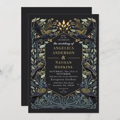 an elegant black and gold wedding card with two birds on the front, surrounded by leaves