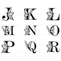 the letters and butterflies are drawn in black ink on white paper, each letter has a different