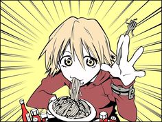 an anime character eating noodles with chopsticks in front of her and the caption says