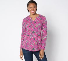 Through the changing seasons, your preference for prints remains strong. Pick up this split V-neckline long-sleeve top to freshen up your casual options when the weather turns chilly. From Denim & Co.® Fashions. Changing Seasons, Long Sleeve Tops, Top Blouse, Turn Ons, Tops & Tees, Long Sleeve, Clothes