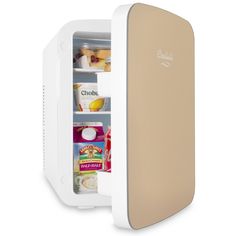 an open refrigerator with food inside on a white background