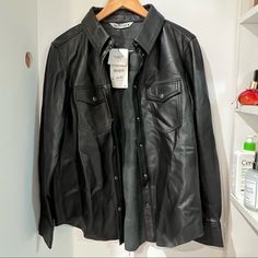 Made From 100% Sheep Leather. Mint Condition Black Leather Button-up Top, Zara Black Collared Shirt, Zara Black Shirt For Fall, Zara Black Fall Shirt, Casual Leather Shirt For Fall, Zara Shirt, Leather Shirt, Sheep Leather, Zara Black