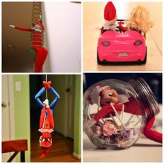 four different pictures with toys in them and one has an elf on the top shelf