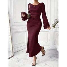 Embrace Sophistication With This Burgundy Bodycon Dress, Crafted To Make An Elegant Statement. Featuring A Round Neckline And Long Flare Sleeves, It Combines Refined Details With Modern Flair. The Contrast Mesh Accents, Ruched Bodice, And Ruffle Hem Add A Touch Of Dramatic Charm, While The Natural Waistline And Mermaid-Shaped Hem Create A Flattering Silhouette. Made From Medium-Stretch Knitted Fabric, This Long Dress Offers A Regular Fit That Moves Comfortably With You. The Non-Sheer Design Ensu Elegant Solid Color Sheath Maxi Dress, Elegant Solid Sheath Maxi Dress, Elegant Sheath Maxi Dress, Elegant Solid Maxi Dress With Ruffles, Elegant Stretch Maxi Dress With Ruffles, Fall Sheath Maxi Dress For Party, Fall Party Sheath Maxi Dress, Fitted Ruffle Evening Dress For Dinner, Elegant Ruched Maxi Dress With Mermaid Hem