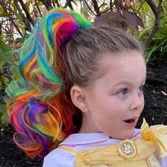 Girl wearing Rainbow blue, green, yellow, orange, pink, purple hair extensions Curly Hairstyles For Kids, Highlights Ponytail, Blue Hair Extensions, Purple Hair Extensions, Rainbow Hair Extensions, Pink Hair Extensions, Color Hair Extensions, Rainbow Highlights, Colored Hair Extensions