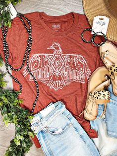 Macy's Thunderbird Tee by Texas True Threads Bohemian Cowgirl Style, Western Tee Shirts, Thunderbird Design, Country Graphic Tees, Casual Tshirt Outfit, Country Style Outfits, Western Boutique, Boutique Ideas, Western Graphic Tees