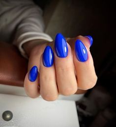 Cobalt Blue Almond Nails, Colbolt Blue Nails Almond, Electric Blue Almond Nails, Almond Royal Blue Nails, Royal Blue Nails Almond Shape, January Blue Nails, Blue Electric Nails, Vibrant Blue Nails, Electric Blue Nails Design