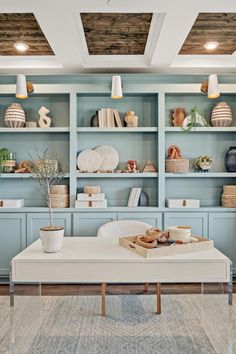 sea foam, shiplap ceiling, tray ceiling, sand dollar, coastal grandma, modern coastal, nautical, home office decor, built in shelving, beachy Laundry Room Remodel