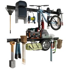 there is a bike hanging from the ceiling and other tools attached to the wall behind it