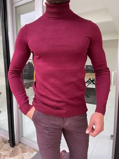 Capel Burgundy Slim Fit Turtleneck Sweater – brabion Acrylic Product, Burgundy Shirt, Mock Turtleneck Sweater, Dress Suits For Men, Claret Red, Red Turtleneck, Fitted Turtleneck, Sweater Collection, Burgundy Sweater