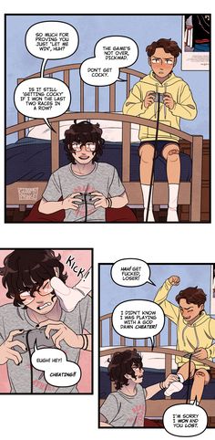 comic strip with two people talking to each other and one person sitting on the bed