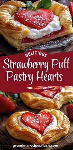 strawberry puff pastry with cream and strawberries in the shape of a heart on top