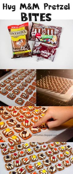 there are many different types of cookies on the table with text overlay that reads, how to make huge m & m pretzel bites