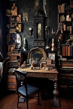 an old fashioned desk and chair in a room