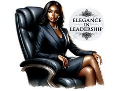 a woman in a black suit sitting on a chair with the words elegance and leadership above her