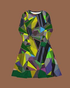 The original abstract print design on the dress is created by my husband-a professional artist. Colourful abstract print dress with geometrical elements, with long sleeves. Be unique. Be outstanding. Be authentic. Bright and lively colors have the power to uplift mood and instill a sense of joy. Wearing a vibrant color dress can evoke feelings of happiness and positivity, brightening not only the wearer's day but also those around her. The dress showcases an original abstract print design, where Green Graphic Print Dresses, Colorful Pattern Long Sleeve Party Dress, Colorful Patterned Long Sleeve Party Dress, Graphic Print Knee-length Party Dress, Trendy Long Sleeve Graphic Print Dress, Green Abstract Print Party Dress, Trendy Long Sleeve Dress With Graphic Print, Fitted Multicolor Digital Print Dress, Party Dress With Multicolor Abstract Print