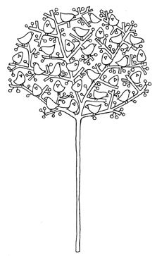 a drawing of a tree with birds and hearts on it's branches, in black and white