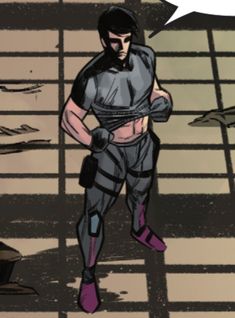 a comic character is walking in the middle of a room with an empty speech bubble above his head