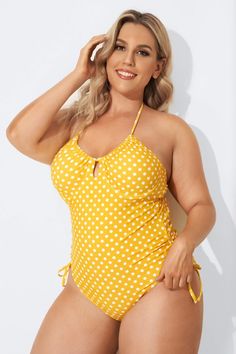 Yellow Self-Tie Halter Dot One Piece Swimsuit - Meet.Curve - Meet.Curve Plus Size Bathing Suits, Fat Pig, Blouson Tankini, Bathing Suits For Women, Underwire Tankini, Plus Size One Piece, Swimsuit Sale, Stylish Plus, Plus Size Swimsuits