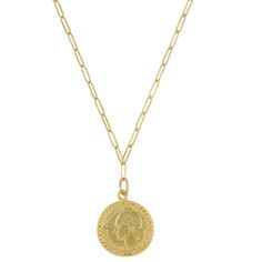 Franc Coin Pendant Necklace on Paperclip Chain-Susan Shaw-Swag Designer Jewelry Classic Gold Medallion Chain Necklace, Gold-tone Coin Pendant Chain Necklace, Gold-tone Gold Plated Chain Necklace With Coin Pendant, Yellow Gold Coin Shaped Chain Necklace With Adjustable Chain, Gold-tone Medallion Coin Necklace, Gold Coin Pendant Necklace With Figaro Chain, Gold Coin Necklace With Figaro Chain Pendant, Gold Plated Paperclip Chain Necklace, Elegant Gold Coin Necklace With Figaro Chain