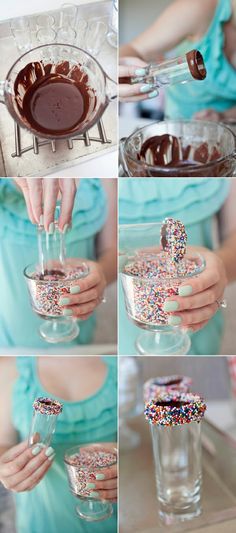 there are many different shots of chocolate and sprinkles in the glass vase