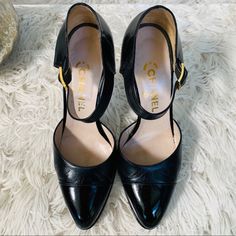 Vintage Chanel Black Leather And Patent Two Tone Cap Ankle Strap Pumps Lambskin And Patent Leather Size : 38 Made In Italy Chanel Two Tone Pumps, Ankle Strap Pumps, Strap Pumps, Chanel Black, Chanel Shoes, Vintage Chanel, Vintage Shoes, Christian Louboutin Pumps, Shoes Women Heels